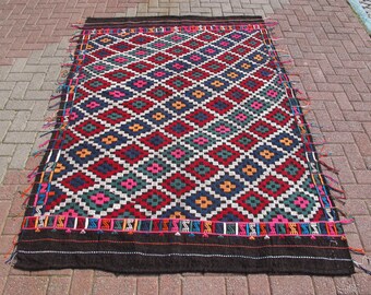 Area kilim rug, vintage goat hair rugs, colorful carpet, boho home decor, living room carpets, wool kilims, kelim teppich, 5’3” x 7’5” ft