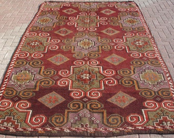 Vintage red kilim rug large, wool goat hair kilim, 6.56 x 9.97 ft, turkish anatolian area rug, rustic tribal ethnic carpet, teppich