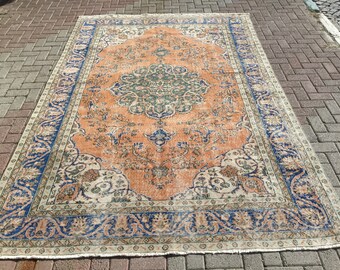 Grand tapis 7 x 10, tapis oushak vintage, tapis de salon, tapis rustique, tapis floral anatolien