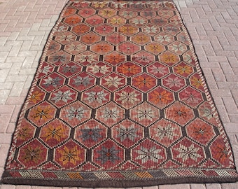Vintage kilim rug large, wool goat hair kilim, 5.1 x 9 ft, turkish oushak area rug, rustic ethnic carpet, home decor, teppich
