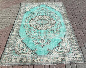 Tapis turquoise 6 x 9, tapis turcs d'Anatolie, tapis de cuisine, tapis tribal, tapis oushak, 5,4 x 8,6 pi