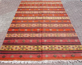 Vintage handmade orange striped kilim rug, large turkish tribal rug, 6.23 x 11.71 ft, wool rustic carpet for dining room, home decor carpets