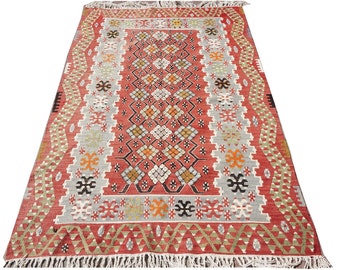 Rug 46,5” x 74,5” inches, kilim red grey green color small size wool hand made from Turkey.