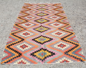 Vintage Kilim Rug,Hand Made Turkish Wool Area Rug,Kilim,Carpet Rug ,Turkish Kilim Rug Zig Zag Rug Carpet ,Diamond Kelim, 67” x 114 p21