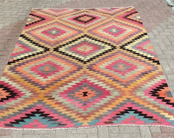 Area Pink Kilim Rug, Diamond design rug, 6.7 x 8.6 ft, oriental kilim, large area rug, bedroom carpet