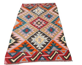 Multi Color Vintage Small Kilim Rug,Hand Made ,Kilim,Carpet Rug ,Turkish Kilim Rug Zig Zag Rug Carpet ,Diamond Kelim Kandira Kilim Rug