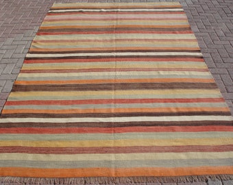 Colorful striped large bohemian kilim rug for living room, vintage wool turkish oriental kilim area rug, 6.43 x 10 ft, kitchen carpet