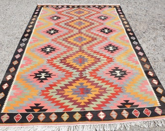 Turkish nomad kilim rug red pink carpet, large rugs for living room decor, 6’2” x 9’5” ft, carpets, tapis, teppich, wool kilim