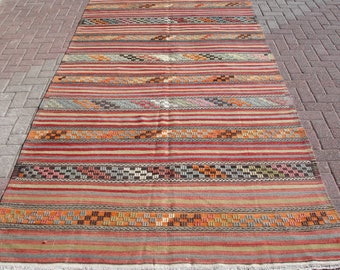 Vintage striped area kilim rug, multi colored large rug, 5.57 x 11.25 ft, wool bohemian kilim, handmade cotton carpet home decor