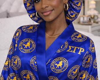 Luxury Sigma Gamma Rho Satin Bonnet  Matching Robe Set – Royal Blue & Gold | Greek Sorority Sleepwear