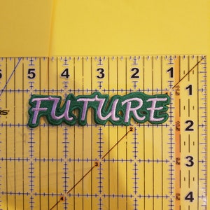 May include: Green and purple embroidered patch with the word "FUTURE" in a cursive font. The patch is measured on a ruler.