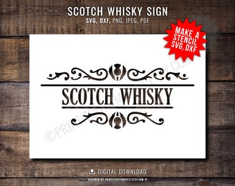 Schottischen Scotch Whisky Zeichen SVG DXF Png Jpeg Pdf Vintage Flourish Border Distel Schnaps Kunst Silhouette Cricut Laser Schneiden Clipart Dateien