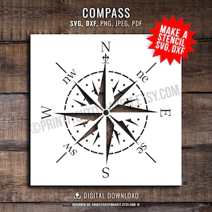 Op de afbeelding: Een wit kompas stencil ontwerp met richtingaanwijzers, waaronder N, S, E en W, en de tekst "COMPASS" bovenaan. Het ontwerp bevat de tekst "MAKE A STENCIL SVG, DXF" in een rode ster. De afbeelding staat op een houten achtergrond.