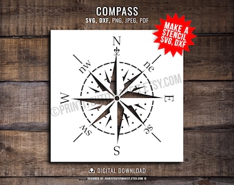Kompass Rose Windrose Design SVG DXF Png Jpeg Pdf Make Paint Nautisch Navigation Segeln Kunsthandwerk Schablone Abziehbild Silhouette Cricut Cnc