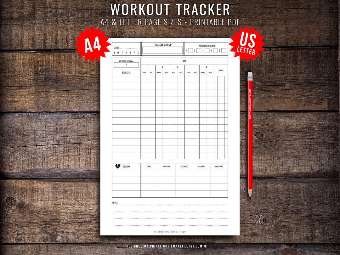 Workout Tracker, Printable Exercise Fitness Training Planner PDF, A4 ...