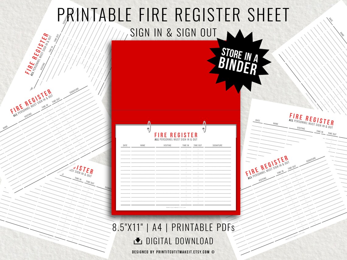 Fire Register Visitor Sign in Sheet Printable PDF Template, Minimalist ...