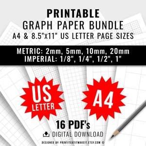 Printable Graph Paper PDF Bundle Imperial Metric A4 US Letter PDF Printable Grid Paper Templates 1/8&quot; 1/4&quot; 1/2&quot; 1&quot; 2mm 5mm 10mm 20mm Digital