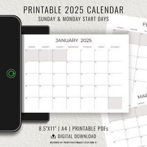 2025 Printable Calendar, Blank Calendar Template, 8.5x11, A4, Sunday Start, Monday Start, Landscape Orientation, PDF, Digital Download