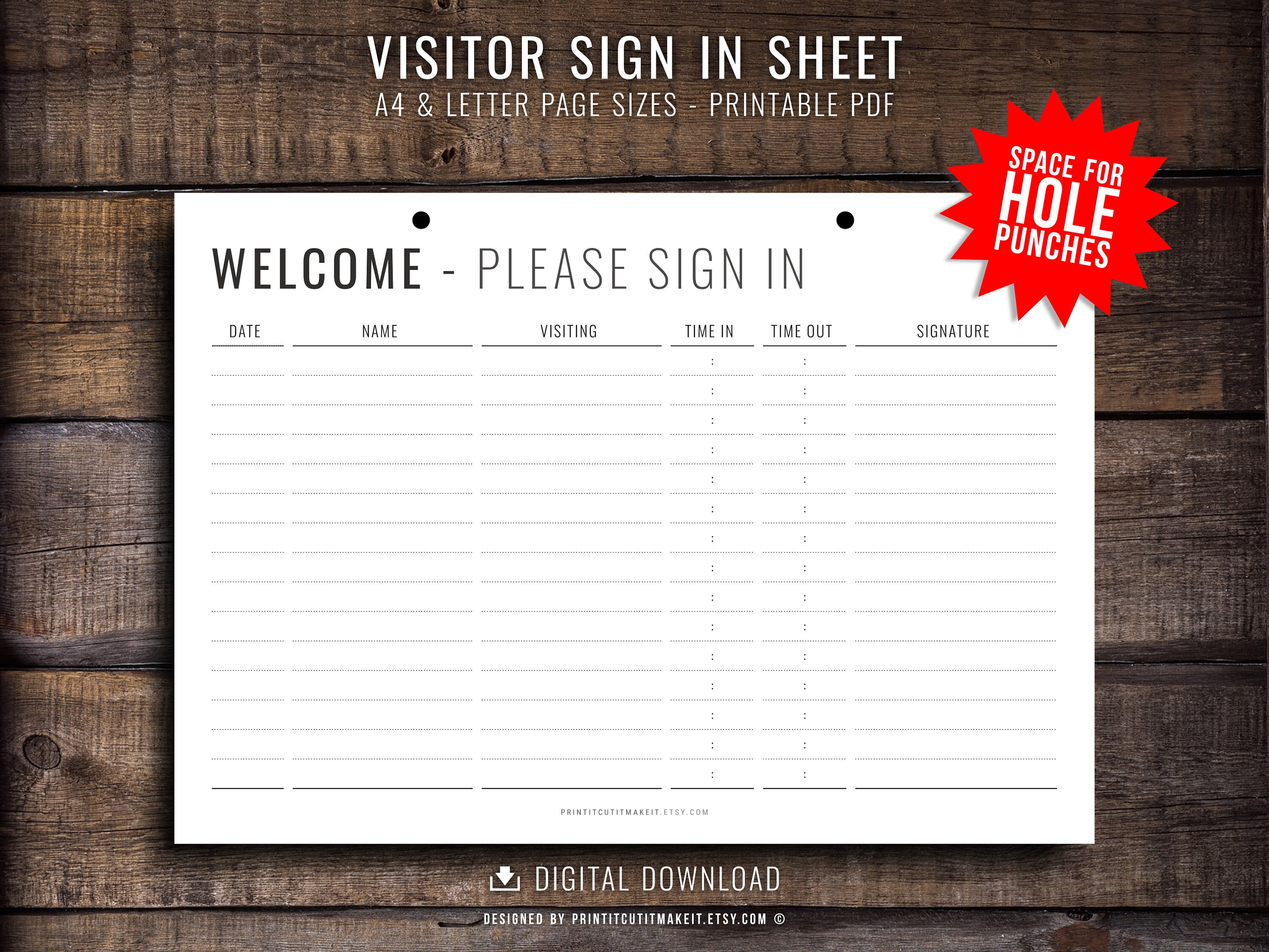 Guest Log In Sheets Visitor Sign in Sheet: Minimalist Business Guest Log (digital Download ...