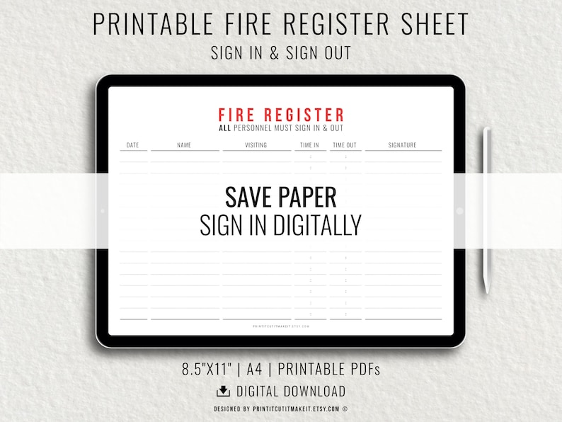 Fire Register Visitor Sign in Sheet Printable PDF Template, Minimalist ...