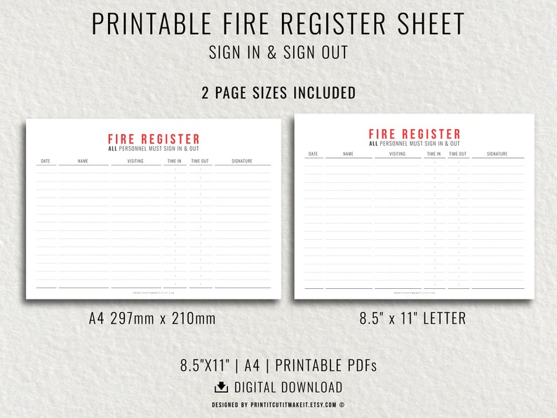 Sign Fire Roster Fire Register Visitor Sign in Sheet Printable PDF Template, Minimalist ...