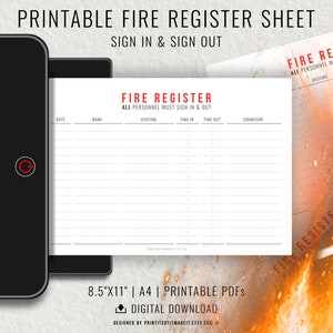Fire Register Visitor Sign In Sheet Printable PDF Template, Minimalist Design, A4 / US Letter Page Sizes, Digital Download