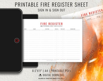 Fire Register Visitor Sign In Sheet PDF-Vorlage zum Drucken, minimalistisches Design, A4 / US Letter Seitengrößen, digitaler Download