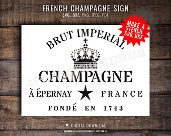Französischer Champagner SVG DXF Png Jpeg Pdf Vintage Alkohol Shabby Chic Bar Zeichen Silhouette Cricut Cnc Laser Schneiden Clipart Dateien