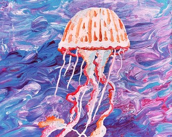 Rainbow Jellyfish Original Encaustic Wax and Paint Pour Painting on Canvas