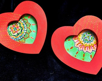 Pair of Hearts Original Encaustic Wax Mandala Design Painting in Custom Heart Shaped Frames