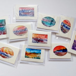 Set mit 4 originalen, einzigartigen Enkaustik-Wachs-Kunst-Miniaturkarten, Notizzetteln, Dankeskarten oder Geschenkanhängern mit Umschlägen