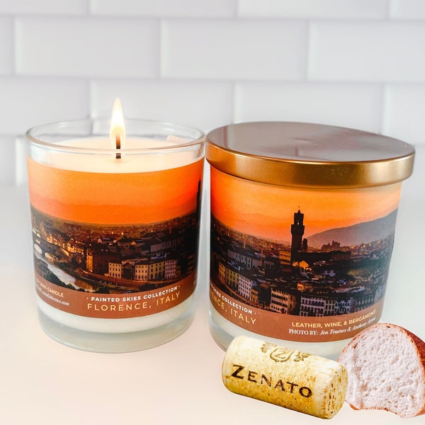 Florence Italy Sunset Skyline Candle,  8.5 oz. Soy Wax Candle,  Leather Scent, Red Wine Scent, Bread, Warm Scent, Travel Lover, Clear Jar