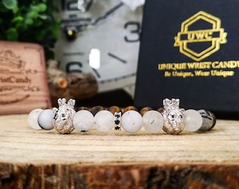 Beaded lion bracelet for men and women, Silver lion bracelet, 8 mm Matte beaded bracelet with lions, Perfect gift for him and her