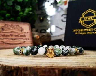 Golden viking helmet bracelet with 8 mm Tree agate beads, Perfect gift for him, Mens beaded bracelet, Stretch bracelet for men