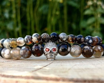 Brown skull bracelet combo, Brown beaded jewelry for men and women, Bracelet for men and women, Gift for him and her, Birthday gift