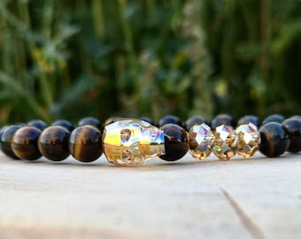 Swarovski skull bracelet, Swarovski bracelet for men, Beaded bracelet for men, Tiger eye beaded bracelet, Bracelet for women, Gift for him