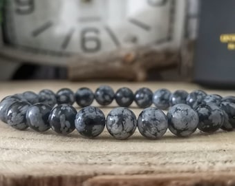 Snowflake Obsidian bracelet, Black snowflake Obsidian, 8 mm Snowflake obsidian bracelet for him and her, Black obsidian gift for him and her