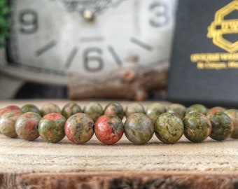 8mm Chinese Unakite Jasper bracelet, Green bracelet for men and women, Beaded jewelry for him and her, Green jasper bracelet, Gift bracelet