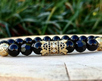 Golden bracelet for men and women, Black Swarovski bracelet, Gift bracelet unisex, Luxury jewelry for men, Gift for him and her