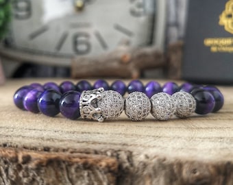 Silver crown bracelet, Crown bracelet for men and women, Zircon crown bracelet, Purple tigers eye bracelet for him and her