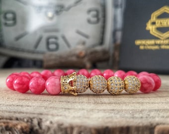 Gold crown bracelet, Crown bracelet for men and women, Zircon crown bracelet, Pink Angelite bracelet for him and her