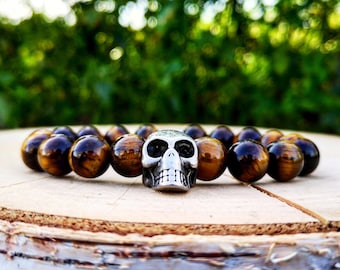Skull bracelet for men and women, Yellow tiger eye stretch bracelet, Birthday gift bracelet for him and her, Stainless steel