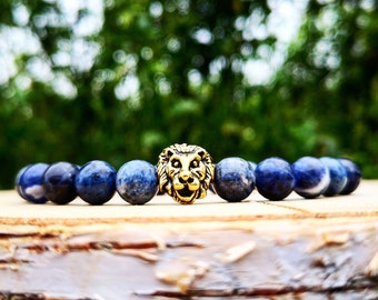 Gold lion bracelet, Men's bracelet, Men bracelet, Gift for men, Blue bracelet, Jeans bracelet, Stretch bracelet, Gift for him, Lion king