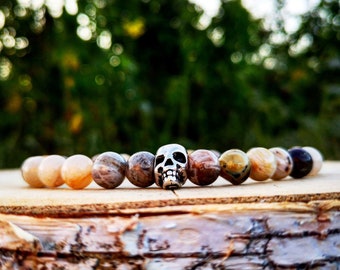 Skull bracelet for men, Skull bracelet for women, Beaded skull bracelet, Bamboo leaf Stone bracelet, Stretch bracelet, Gift for him and her