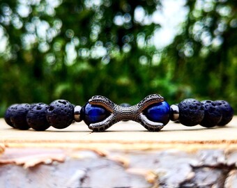 Black lava bracelet for men and women, Blue tiger eye bracelet, Gift bracelet, Men's gift, Stretch bracelet, Claw bracelet, Birthday gift