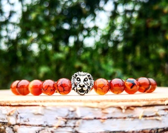 Lion beaded bracelet for men and women, Lion 8 mm red beads bracelet, Animal gift bracelet for him and her