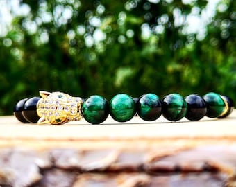 Green leopard zirconia bracelet, Luxury jewelry for men and women, Animal bracelet, Golden leopard, Gift for him and her