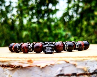 Gothic stainless steel black skull beaded bracelet, Red Tiger Eye, Elastic bracelet, Beaded bracelet, Bracelet men and women, Gift him her