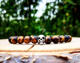 Tiger eye skull bracelet, Skeleton bracelet, Mens bracelet, Gift for men, Women bracelet, Brown bracelet, Beaded bracelet, Elastic bracelet