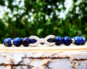 Beaded blue silver claw bracelet for men and women, Stainless steel claw with 8 mm blue tiger eye beads, 8 mm Lapis Lazuli